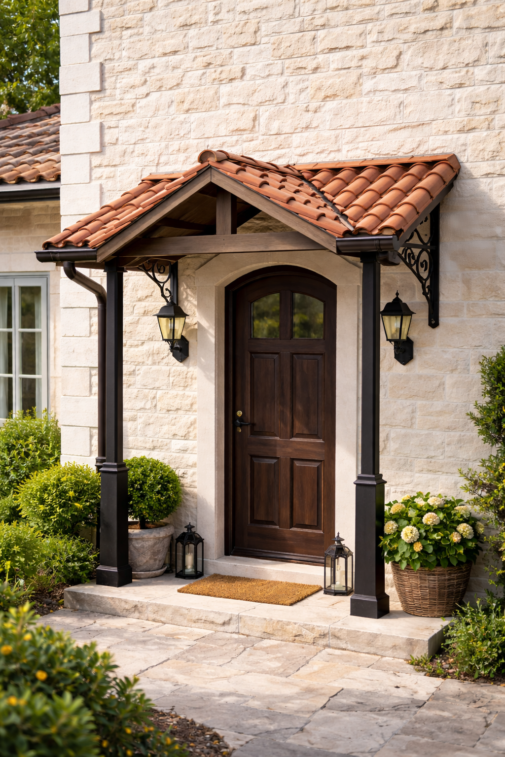 İzmir’de villa girişine uygulanan çift eğimli kiremit çatılı kapı üstü sundurma modeli