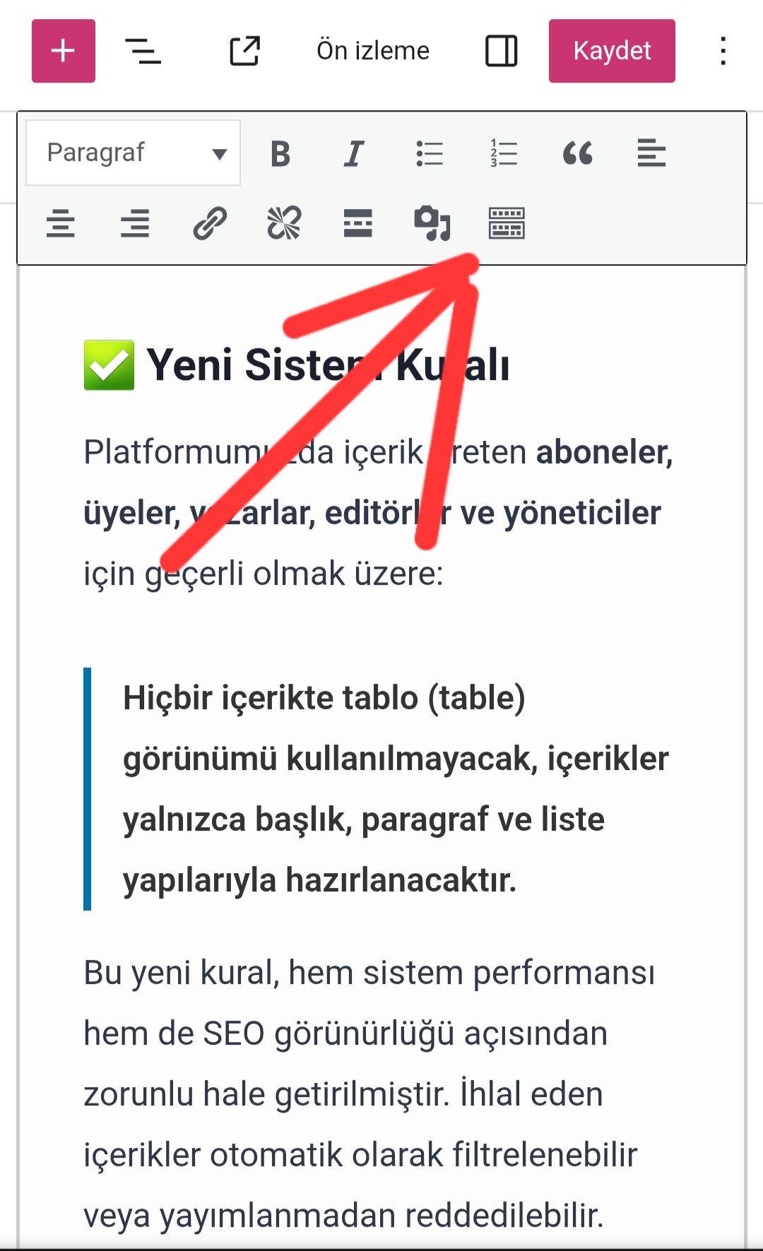 Tablo Görünümünde İçerik Yayınlamayın: Yaka Metal Sistem Uyarısı ve Yeni Kurallar